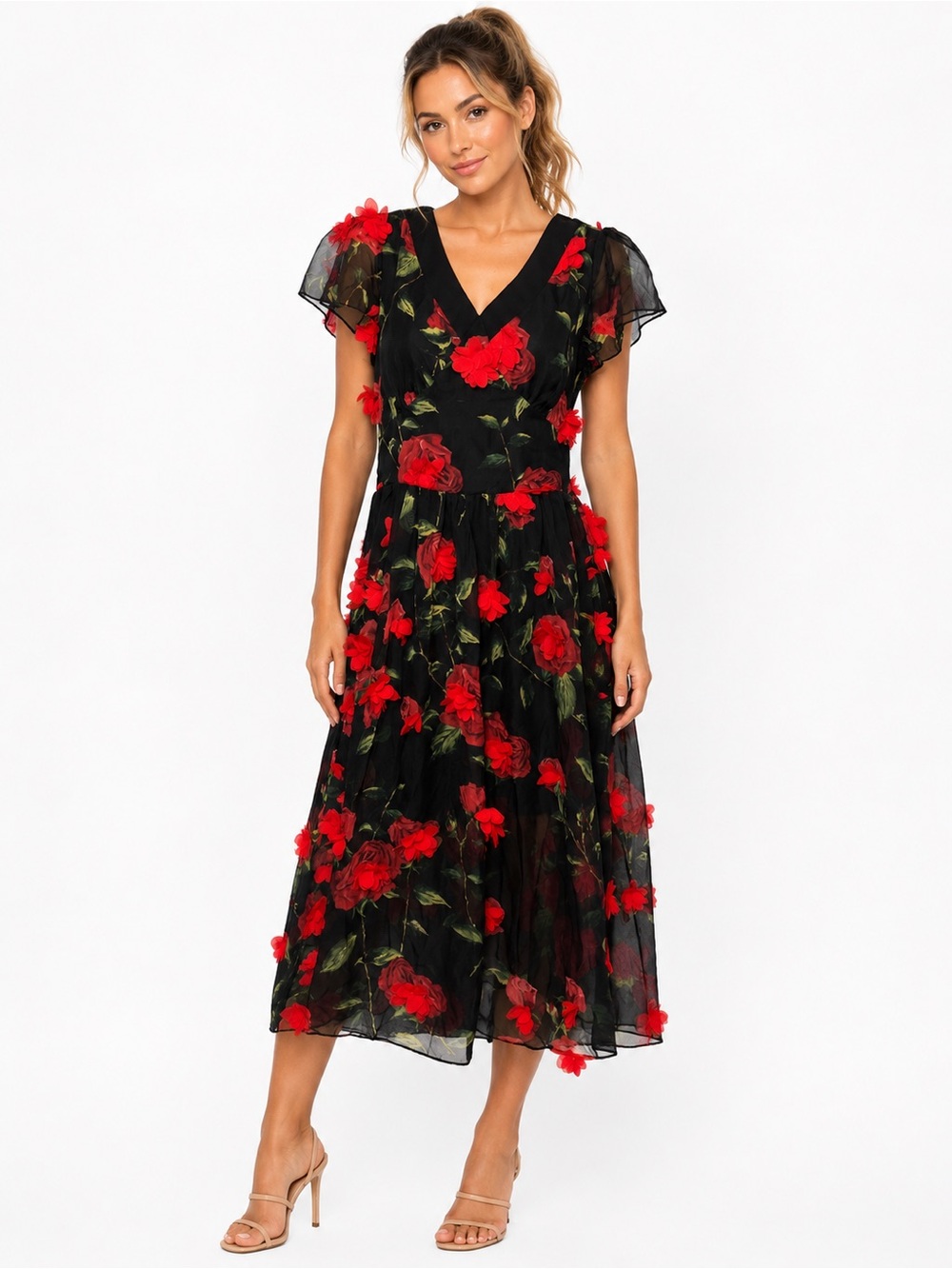 Black Midi Dress with Red Floral Appliqué